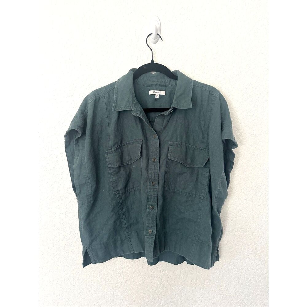 Madewell Flap-Pocket Button-Up Shirt 100% Linen Green Cropped Size XL